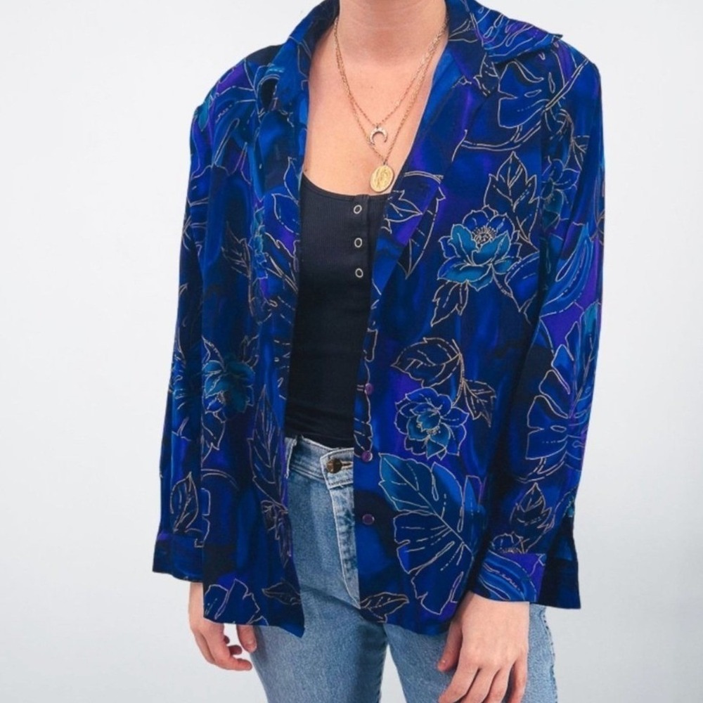 BonWorth Vintage Blue Tropical Floral Monstera Leaf Button Down Blouse Shirt